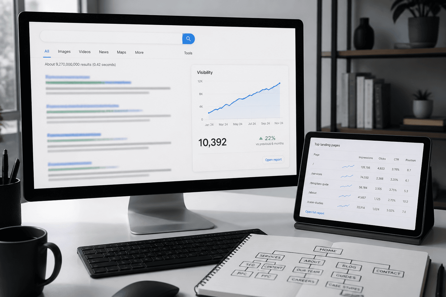 Arama görünürlüğü grafiği ve site haritasıyla SEO çalışma alanı