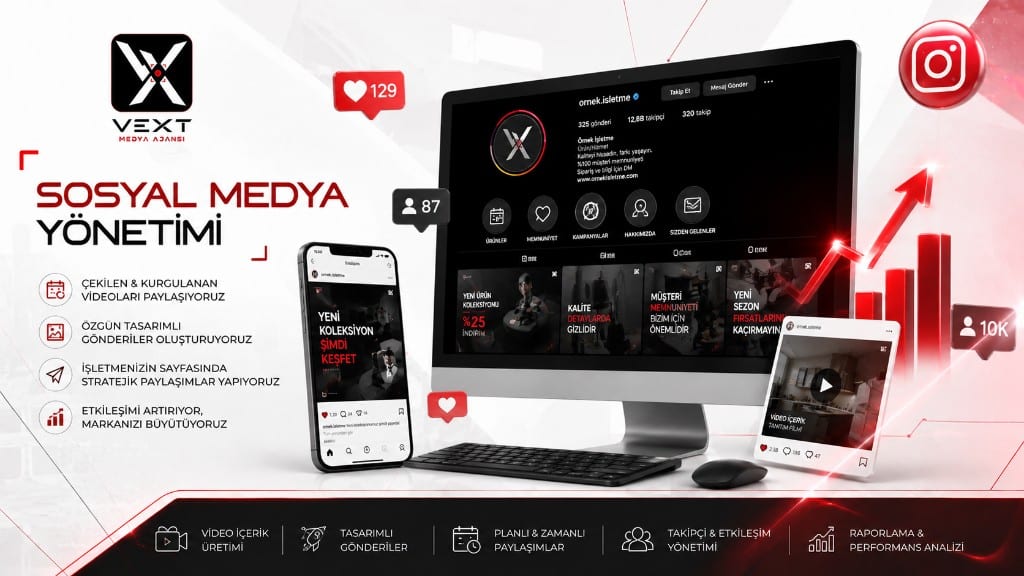 Sosyal medya yönetimi görseli: masaüstü ve telefonda Instagram profili ile etkileşim metrikleri