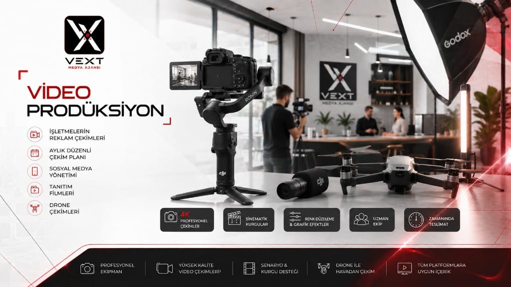 Video prodüksiyon stüdyosu: gimbal üzerinde kamera, drone ve profesyonel ışık kurulumu