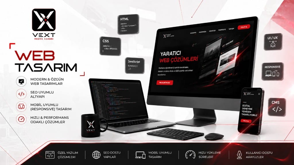 Web tasarım çalışma alanı: masaüstü, dizüstü ve mobil cihazda modern site arayüzü