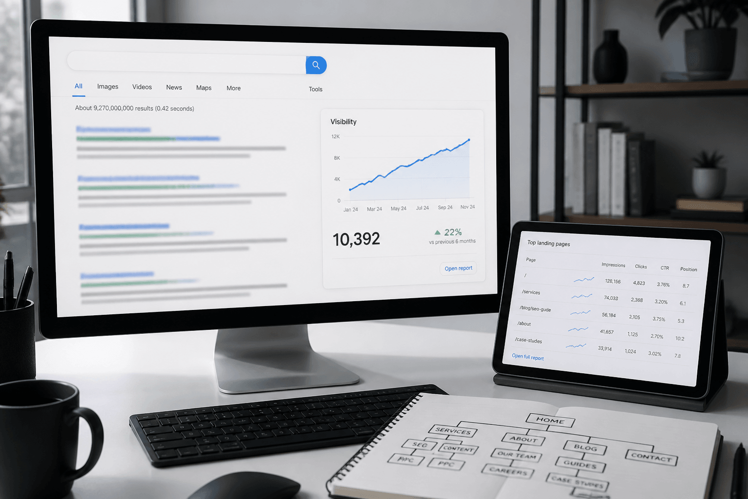 Arama görünürlüğü grafiği ve site haritasıyla SEO çalışma alanı